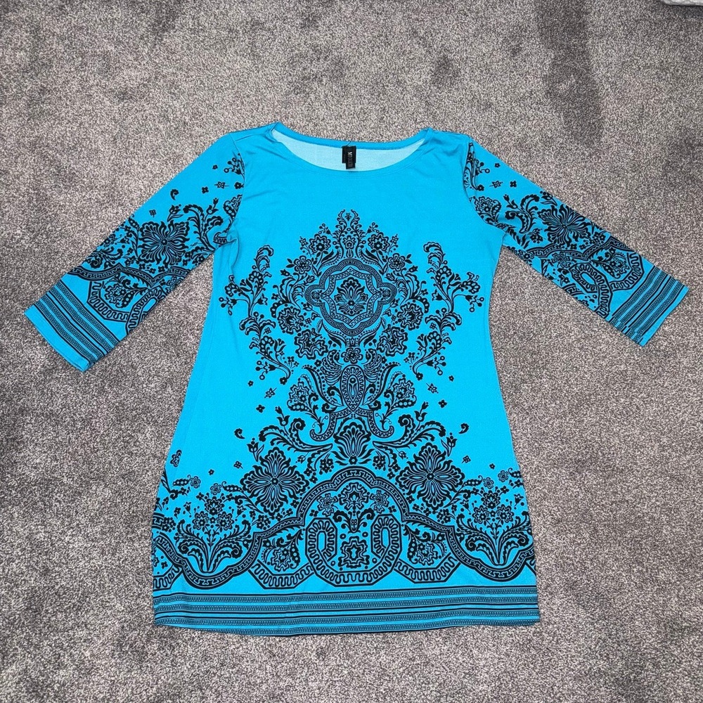 MT Collection Boho Tunic Dress Teal w/ Black Tribal Print & Half Sleeves Size XL